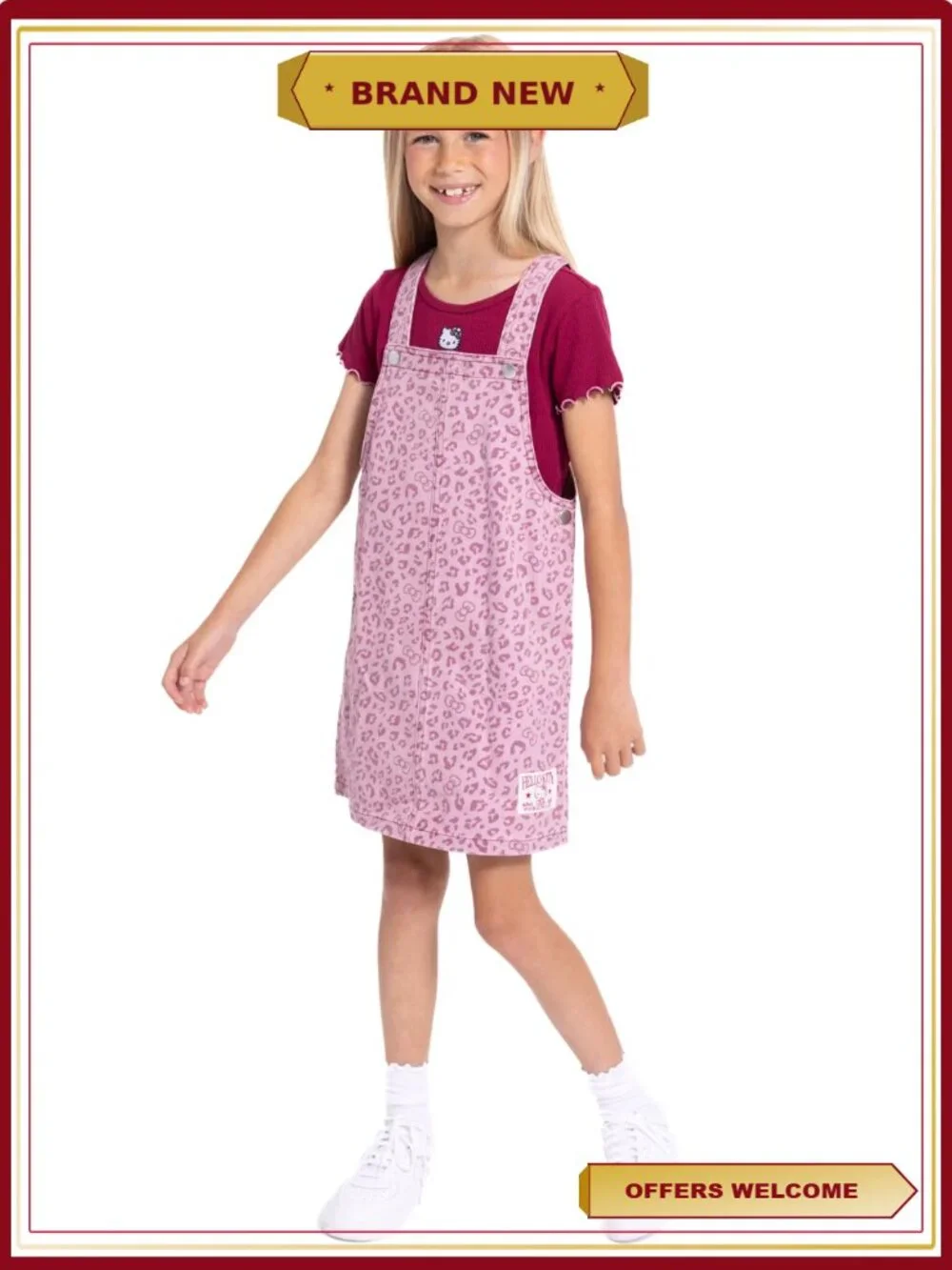 Girls 2 Piece Set - Ribbed Tee & Denim Jumper Dress with Hello Kitty